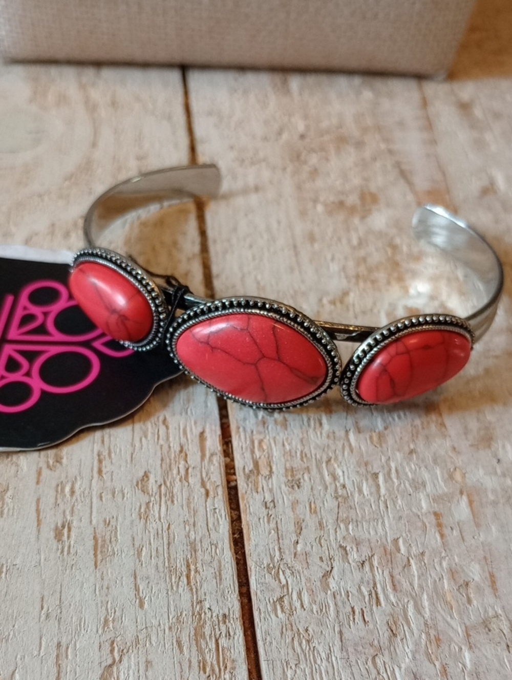 paparazzi Silver-Tone Cuff Bracelet with Red Stone Cabochons